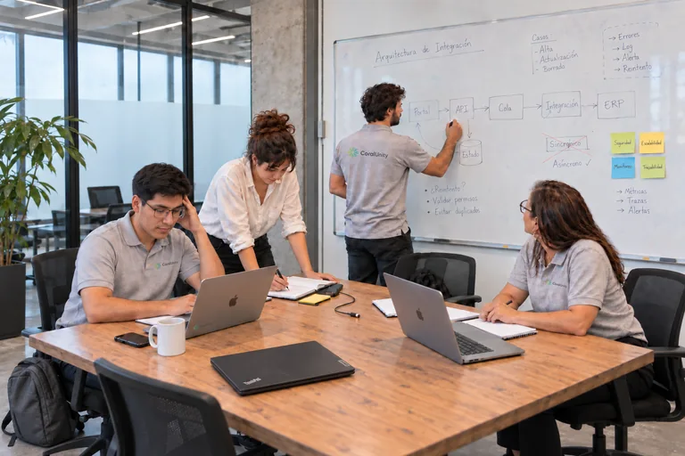 Alvin concentrating on his MacBook with his left hand resting against his temple, while colleagues take notes and review an integration architecture on a whiteboard.